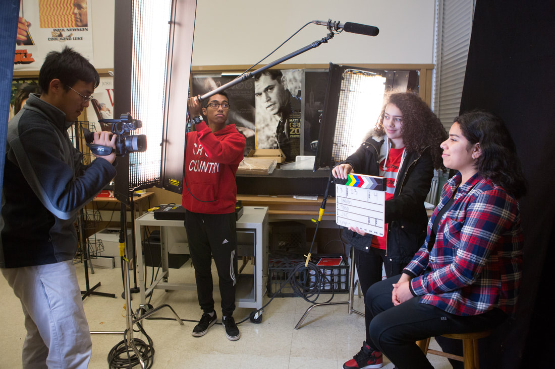High School students producing a video in a classroom studio